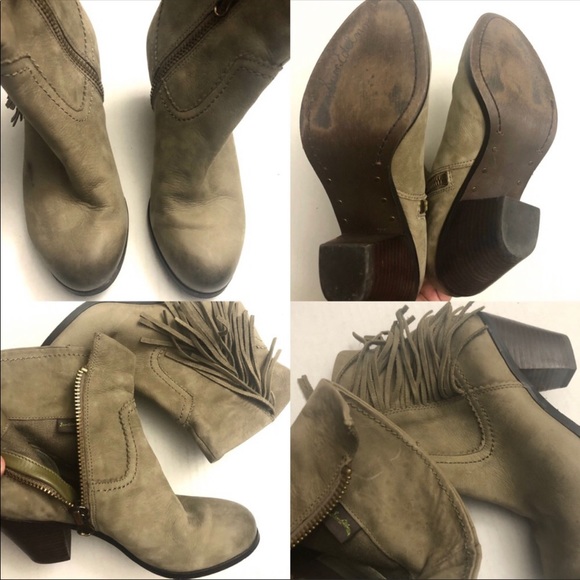 Sam Edelman Louie fringe booties size 7 stacked angled heel Dark Beige/Tan - Picture 5 of 8